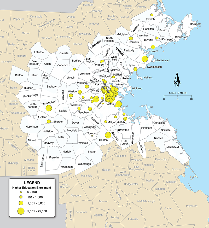 Figure 12 is a map that shows the location of and enrollment at institutes of higher education in the Boston region.